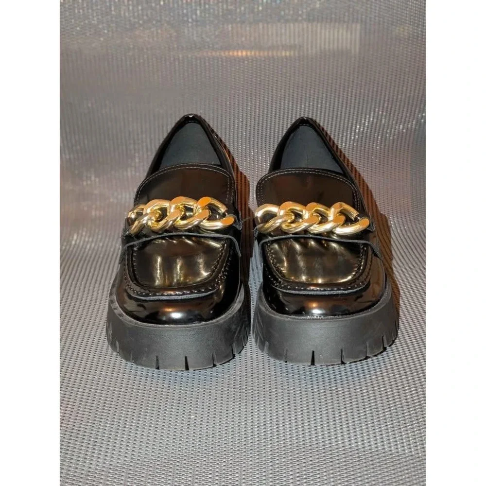 Guess Hillford Black Patent Chain Loafers Size 8M Gold Chain‎ Lug Sole Platforms